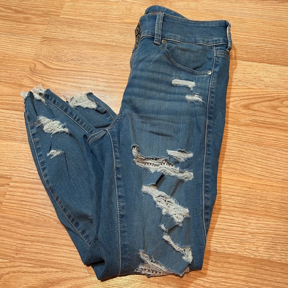 Torrid Super Soft Jegging Distressed Crochet Lace Inset Skinny Jeans 12S Blue